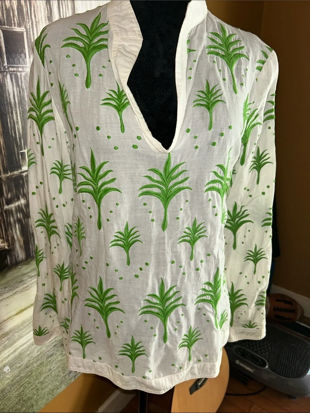 Tory Burch White Tunic with Green Botanical Motif
